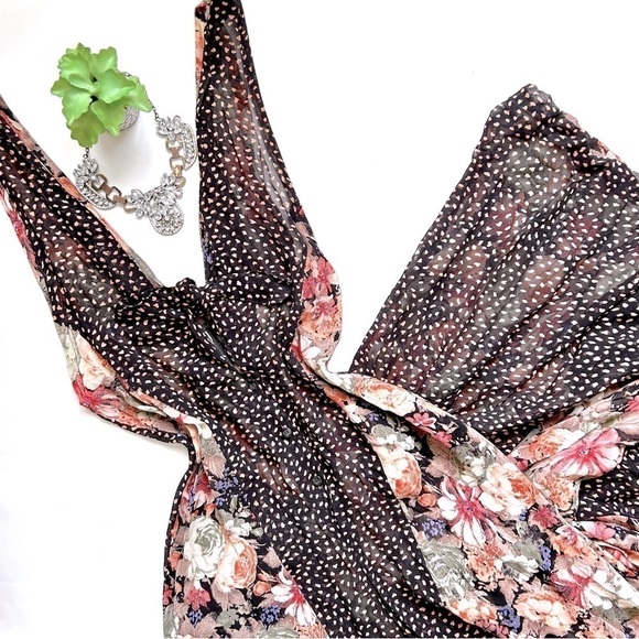 Vintage 80s Boho Floral Chiffon Wide Leg Jumpsuit Sleeveless Deep V Front Size S - Picture 3 of 11